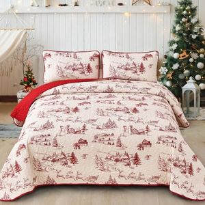 Drucon Christmas Quilt Set King Size Christmas Tree and Christmas Deer Snowman Printed Bedding Lightweight Coverlet Christmas Decorations Soft Microfiber Quilt Set 104x90 inches
