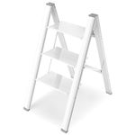 HBTower Aluminum Step Ladder, White Step Stool for Adluts with Handrail, 330LBS Capacity Sturdy, Portable 3 Step Ladder for Home Kitchen Library Office