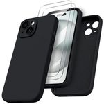 ORNARTO Designed for iPhone 15 Case with 2X Screen Protector, Liquid Silicone Gel Rubber Cover [Upgraded Camera Protection], Shockproof Protective Phone Case 6.1"-Black