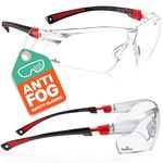 NoCry Clear Safety Glasses for Work with Anti Fog Scratch Resistant Wrap-Around Lenses and Non-Slip Grips, UV Protection. Adjustable Eye Protection Cycling and Squash Glasses with Black & Red Frames