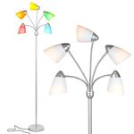 Brightech Medusa LED Floor Lamp - Multi Head Adjustable Tall Pole Standing Reading Lamp for Living Room, Bedroom, Kids Room - Includes 5 LED bulbs and 5 White & Colored Interchangeable Shades – Silver