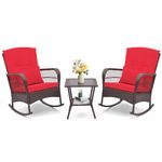 ORALNER 3 Pieces Patio Furniture Wicker Rocker Set, Outdoor Rocking Chairs with Cushions, Pillows, Glass Coffee Table, Rattan Bistro Set for Balcony Front Porch Poolside Garden Deck (Red)