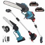 Xbzzgmg 2 in 1mini Chainsaw Cordless，8 Inches Cordless Electric Chainsaw，Portable Telescoping ，with Extendable Extension Pole Brushless Chainsaw，Pole Saw for Tree Pruning and Branch Cutting. Blue