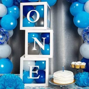 Decoration Anniversaire 1 an Garçon Fille, 3 Pcs Boîte Ballon Transparente avec "ONE" Lettres, Transparentes Ballons Cubes pour Anniversaire 1 an Garcon, Deco Anniversaire 1 an