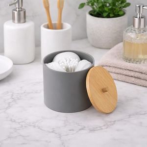 EVIDECO French Home Goods Gray Cotton Pad and Q-Tip Holder Padang with Bamboo Top - Organize in Style, Bathroom Vanity Organizer