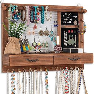 Dhmkfly Jewelry Wall Organizer Wall Mounted, Jewelry Hanger Display Rack Earring with Drawers, for Earring/Stud/Ring/Necklace/Bracelets Accessories Bangles Holder Girls Gift (brown)