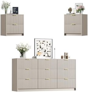Furniway 3 Piece Bedroom Set, 9 Drawer Dresser and Nightstand Set of 2 with Gold Handles, Modern Wood Chest of Drawers Storage Cabinet for Bedroom, Beige
