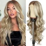 SOMIARIK Blonde Lace Front Wig, 13x4 Long Wavy Synthetic Lace Front Wigs for Women Middle Part Pre Plucked Hairline Heat Resistant Wig for Daily Party Wigs Natural Looking 26 inch