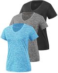 Star Vibe 3 Pack Women's Short Sleeve Dry Fit T-Shirts Moisture Wicking Athletic V-Neck Gym Tee Exercise Yoga Tops Black/Gray/Blue L