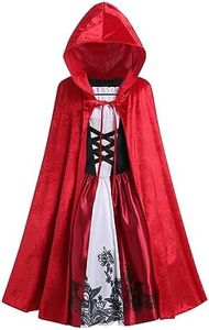 Little Red Riding Hood Costume for Girls Kids Halloween Costumes Cape Cloak Cosplay Princess Ruffle Lace-up Velvet Deluxe Storybook Fairy Tale Fancy Dress Up Outfit Clothes Set Red + Black + White 9-10 Years