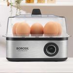 Borosil Electric Plus Egg Boiler, Boil Upto 8 Eggs At A Time, For Hard, Soft, Medium Boiled Eggs, Steamed Vegetables, Transparent Lid, Stainless Steel Exterior