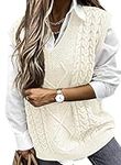 Jhsnjnr Womens Casual V Neck Sweater Vest Solid Cable Knit Tops Sleeveless Pullover Sweater White