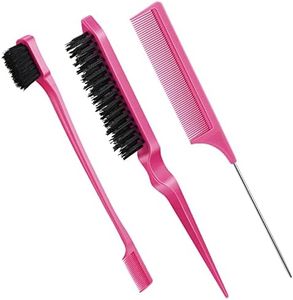 Geiserailie 3 Pcs Slick Back Hair Brush Set Bristle Hair Brush Edge Control Brush Teasing Comb for Women Black Hair(Rose Red)