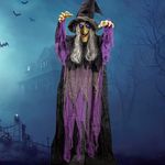 JOYIN 72” Halloween Hanging Flying Witch Animatronic Purple, Talking Animated Witch Light Up Eyes Sound Activated, Halloween Decorations Outside Indoor Animatronics Haunted House