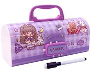 Toyshine Pencil Box With Code Lock Pen Case Large Capacity Multi-Layer Multi-Function Storage Bag Secret Compartment Pencil Box - Luky Bear Purple - Plastic