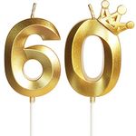 Yiran Gold 60th Birthday Candles with Crown Decor, 3D Number 60 Candle, 60th Birthday Candle for Cake, Happy Birthday Candle, Cake Candles Cake Topper Decorations for Men Women Birthday Party Supply