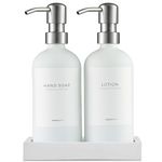 MaisoNovo Soap and Lotion Dispenser Set | 500 ml White Hand Soap Dispenser with Silver Pumps Set of 2 + Concrete Tray