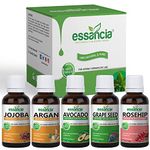 essancia - NATURALLY IN EVERY DROP Pack Of 5 Carrier Oils Combo - Jojoba, Argan, Avocado, Grape Seed & Rosehip Oils - For Acne Prone Skin, Hair Serum, Lips, Massage & Radiant Skin