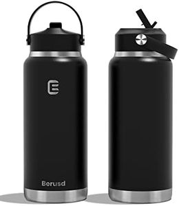 Berusd 1L Insulated Water Bottle, Leak Proof Straw Lid, Stainless Steel Vacuum Insulated Water Bottle, Wide Mouth Bottle with Flex Cap, Double Walled Travel Cup Thermo Bottle Mug Drink Flasks, Black