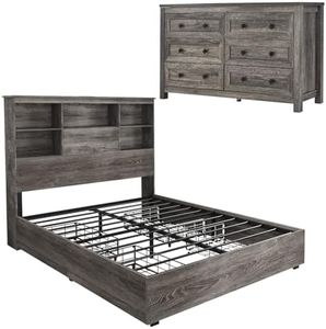 LUXOAK 2-Piece Bedroom Set, Farmhouse Queen Size Bed Frame and 6 Drawers Dresser, Wooden Storage Bed with Charging Station & 4 Drawers, Rustic Chest of Drawers Closet Organizer for Bedroom, Grey