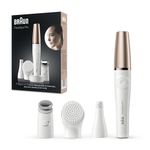 Braun FaceSpa Facial Epilator for Women, Hair Removal with Facial Cleansing Brush Head, Toning Head & Charger Stand, Wet & Dry, SE911, White/Bronze