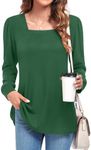 Findsweet Women's Puff Long Sleeve Tops Dressy Casual Square Neck T-Shirts Blouse Loose Comfy Tunic Tops for Leggings L, Green