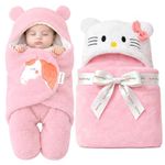 OYO BABY Newborn Blanket Combo Pack | Hooded Sleeping Bag Wrapper & Baby Bath Towel | Soft & Durable Polycotton Fabric | Comfortable in All Seasons | Easy Care | 0–12 Months | Pink Kitty & Unicorn