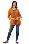 DMP FASHION Women's Rayon Embroidery Work Regular Fit Top With Tasseles At Front And On Both Sleeves.(Gold)