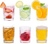 Jinelza Transparent Glass Embossed Designed Premium Mini Tumbler Water Glasses Perfect for Drinking Whiskey, Juice, Beverages, Beer, Cocktail Round Mindi Glass 340ML Pack of 6