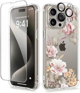 GVIEWIN for iPhone 15 Pro Case Floral, with Screen Protector+Camera Lens Protector, [Not Yellowing] Slim Shockproof Clear Protective Phone Cover for Women, Flower Pattern Design (Vibrant Spring)