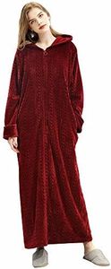 Oksun Womens Plus Size Fleece Dressing Gown Soft Bathrobe Full Length with Zipper, Hooded-Wine red, 10-14