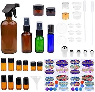 Kit de Botellas de Aceite Esencial Recargables - 16 Botellas/Tarros de aceite esencial de varios tamaños, 3 Atomizadores, 16 Tapas, 78 Etiquetas (4 tamaños), 2 Goteros + Embudo