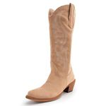 KaroNairy Women Cowboy Boots Faux Suede Embroidered Pointed Thick Heeled Western Wide Calf Cowgirl Ponited Toe Mid Calf Boots, Tan, 6.5 UK