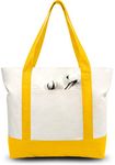 TOPDesign Stylish Canvas Tote Bag with an External Pocket, Top Zipper Closure, Daily Essentials (Yellow/Natural)