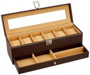 Amazon Basics Sliding Drawer 6-Slot Watch and Jewelry Organizer – Faux Leather & MDF Storage Box for Men and Women, Brown