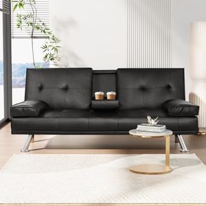 Artiss Sofa Bed 3 Seater Recliner Lounge Couch, 168CM Black PU Leather Couch with 2 Pillows Cup Holder Futon Chrome Legs Adjustable Backrest