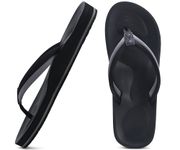 COFACE Flip Flops For Women with Arch Support Comfortable Yoga Mat Thong-Sandals Lightweight Orthopedic Womens Flip-Flop Slip On Summer Beach Sandals Outdoor Size 9 Black