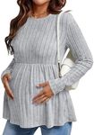 Ekouaer Womens Maternity Tops Long Sleeve Pregnancy Tunic Blouses Crew Neck Ribbed Shirts Pregnant Clothes Light Grey L