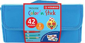 STABILO Colour 'n Stick Pencil Case with 12x PowerMax, 10x Trio A-Z, 12x Trio Thick, 8X Textile Stickers with Emoji Motif