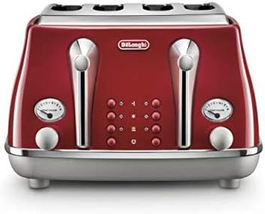 De'Longhi Icona Capitals 4 Slice Toaster CTOC4003.R, Reheat, Cancel and Defrost Functions, 6 Browning Levels, Removable Crumb Tray, 1800W, Red