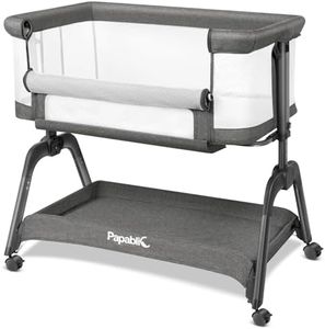 Papablic Baby Bassinet, Bedside Bassinet for Baby with Four-Sided Breathable Mesh & Soft Mattress, Adjustable Bassinet Bedside Sleeper with Storage Basket and Wheels, Easy to Assemble, Grey