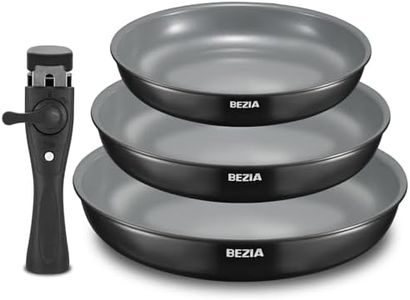 BEZIA Lot de poêles avec poignée amovible - Avec revêtement en céramique - Pour tous les types de plaques de cuisson - 20 + 24 + 28 cm - Design empilable - Passe au lave-vaisselle et au four