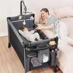 ANGELBLISS 5 in 1 Baby Bassinet Bedside Crib, Rocking Bassinet with Diaper Changer, Pack and Play Bassinet, Folding Playpen Portable Playard with Hanging Toys, Sheet& Mattress