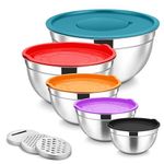 Onader Mixing Bowls Set of 5, Stainless Steel Metal Salad Bowl with Airtight Lids & 3 Graters, Perfect for Baking, Cooking, Prepping Serving, Easy Clean - 0.7/1.2/1.6/2.8/4.6QT (Multicolor)