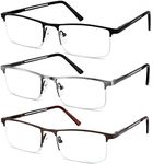 JJWELL 3 Pack Blue Light Reading Glasses for Men, Lightweight Metal Rectangle Semi Rimless Readers for Men, Anti Eyestrain/Computer Glare/UV, Half Frame Spring Hinge Eyeglasses with Pouches