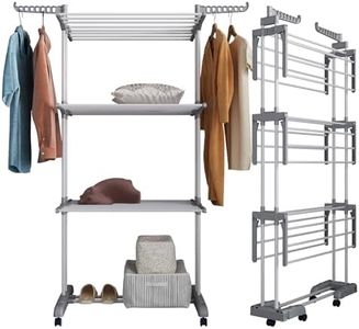 johgee Stendibiancheria a torre con ruote, fondo pieghevole, a torre salvaspazio, con 6 ali pieghevoli e 2 ali laterali, per interni ed esterni, grigio