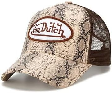 Von Dutch Monogram Trucker Cap - Retro Snapback Cap for Men and Women - Adjustable Snap Fit Panel, Mesh Rear, Curved Bill, Size One Size, Sand