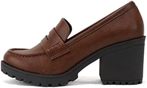 Soda “Kinder” ~ Women Slip On Chunky Mid Heel Lug Sole Penny Loafer Shoe, Cognac Pu, 7.5