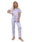 SMOWKLY Printed Round Neck Short Sleeve Nightsuit Set | Pajama Set | Night Dress for Women (1129CRTN_LPRL_S) Lilac Purple