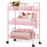 TOOLF 3-Tier Metal Rolling Cart, Mesh Wire Easy Assemble Utility Cart, Storage Trolley on Wheels with 3 Hooks, MetalStorage Shelving Units for Kitchen Bathroom Laundry Room